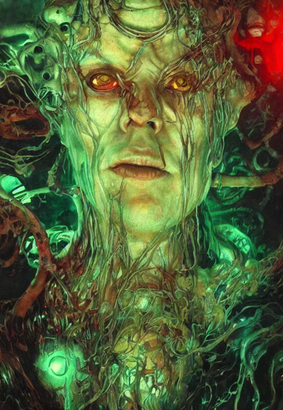 Prompt: ( underwater ) middle length portrait of a living goo glowing cyborg leshy, cinematic light, looking to the side off camera, backlight glow, green bright red, mist, by mikhail vrubel, by philippe druillet, by peter elson, by gerald brom, muted colors, extreme detail, trending on artstation, 8 k
