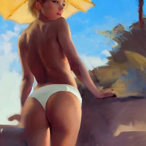 Image similar to greg manchess portrait painting of yorha type a no. 2 from behind in a bikini, organic painting, sunny day, matte painting, bold shapes, hard edges, street art, trending on artstation, by huang guangjian and gil elvgren and sachin teng