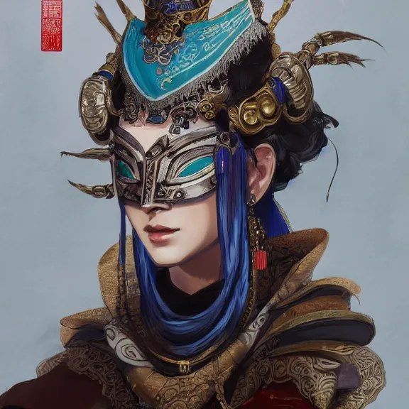 Prompt: ancient chinese princess with steampunk mask, dynasty warriors, headshot, elegant, unreal engine, 8 k, blue color scheme, headshot, highly detailed, smooth, ink painting, artstation, concept art, in style of yoji shinkawa, pan ren wei, col price, atey ghailan, by greg rutkowski, aesthetic