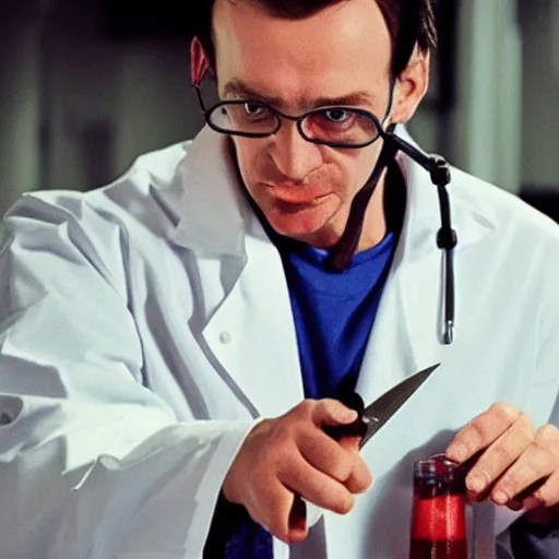 Image similar to an evil chemist in a white coat with a knife