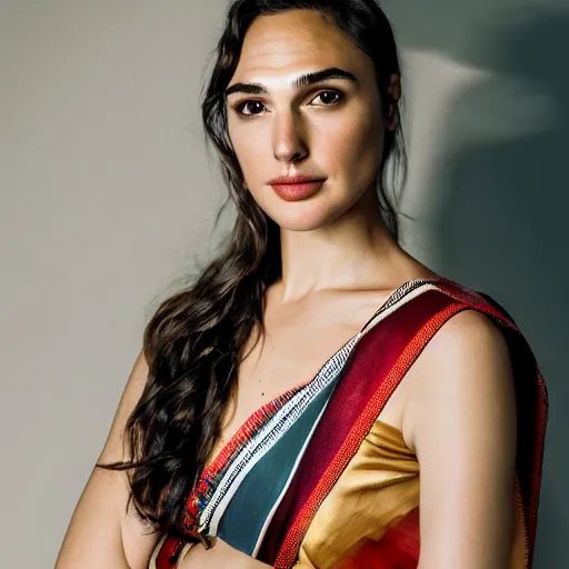 Prompt: Portrait of gal gadot wearing assamese bihu mekhela sleeveless silk saree, face by Artgerm, XF IQ4, 250MP, 50mm, F1.4, ISO 200, 1/250s, natural light, Adobe Lightroom, photolab, Affinity Photo, PhotoDirector 365, model photography by Steve McCurry in the style of Annie Leibovitz, intricate, elegant, highly detailed,sharp focus