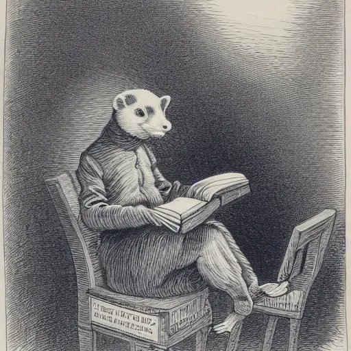 Image similar to ferret wearing clothes, with two left arms, one being also the chair's, eating a book while reading, in the style of gustave dore.