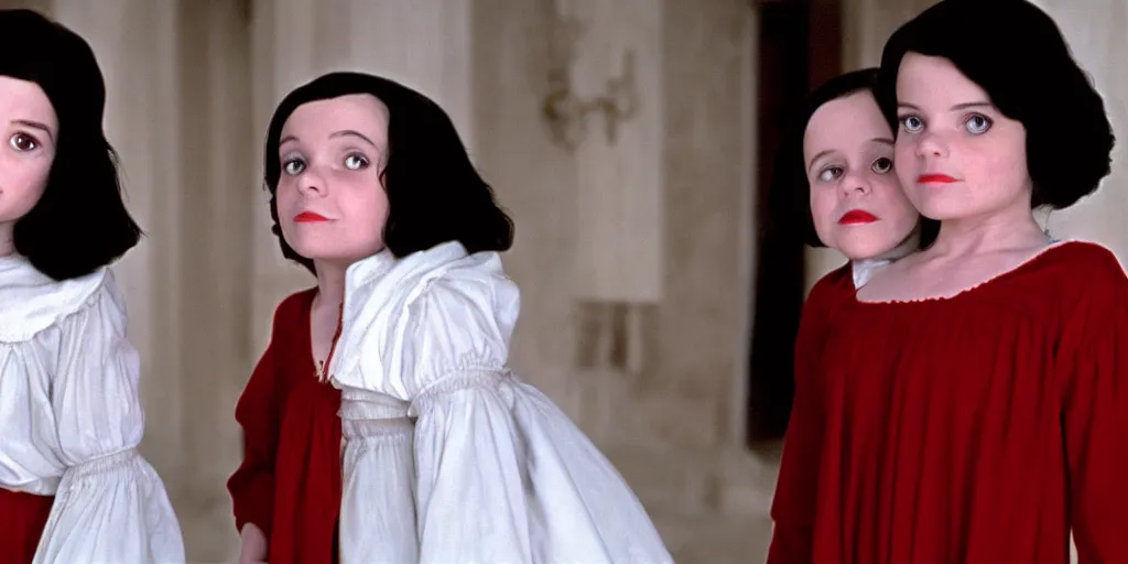 Image similar to a still from Snow White of the twins from The Shining, overlook hotel