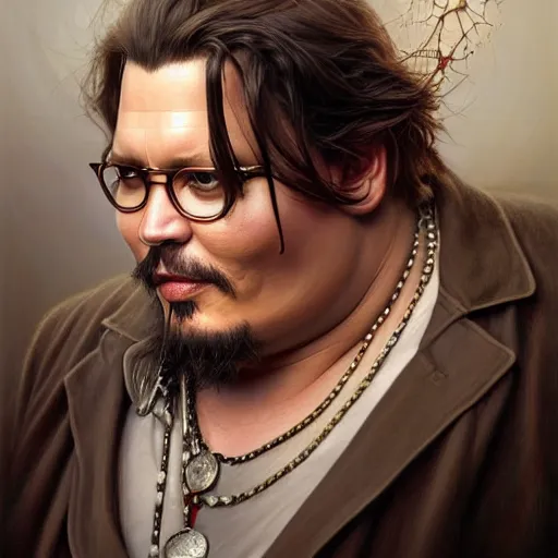 Image similar to wideangle!! portrait shot of fat johnny depp, intricate, elegant, highly detailed, centered, digital painting, artstation, concept art, smooth, sharp focus, illustration, artgerm, tomasz alen kopera, peter mohrbacher, donato giancola, joseph christian leyendecker, wlop, boris vallejo