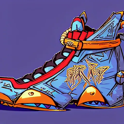 Image similar to fantasy jrpg sneaker design designed by capcom megaman, chrono trigger guilty gear style, aztec mayan street fashion native punk sneaker design, focus on megaman hip hop sneaker design with subtle mayan patterns, gapmoe yandere grimdark, trending on pixiv fanbox, painted by greg rutkowski makoto shinkai takashi takeuchi studio ghibli, akihiko yoshida