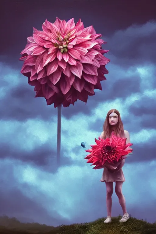 Image similar to closeup giant dahlia flower as head, girl standing on mountain, body of ronnie coleman, surreal photography, blue storm clouds, dramatic light, impressionist painting, digital painting, artstation, simon stalenhag