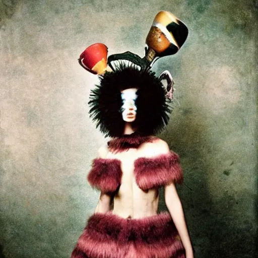 Prompt: kodak portra 4 0 0, wetplate, photo of a surreal artsy dream scene,, girl, weird fashion, grotesque, extravagant dress, carneval, animal, wtf, photographed by paolo roversi style