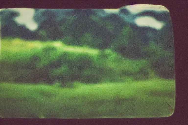 Image similar to film color photography, green lawn, small mirror reflected clouds, no focus, mountains in distance, 35mm