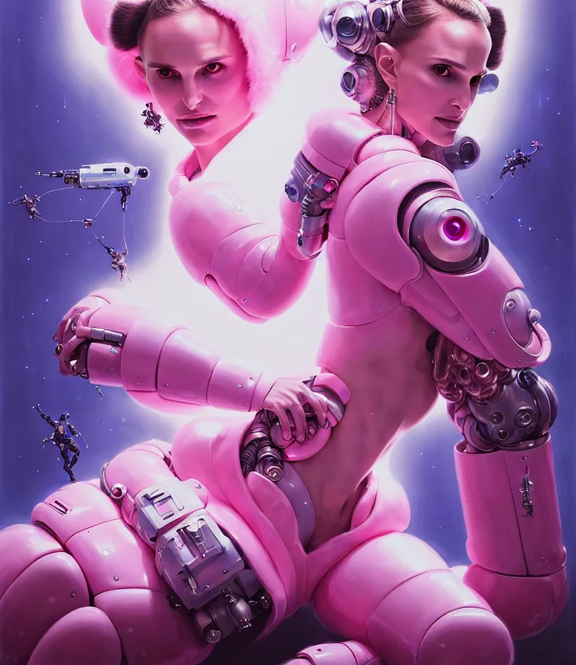 Image similar to beautiful fantasy character portrait of a natalie portman cyborg, wearing pink puffy bomber jacket with white fur, seductive reclining pose, lasers, ultra realistic, dramatic lighting, robots, the fifth element artifacts, highly detailed by peter mohrbacher, hajime sorayama, wayne barlowe, boris vallejo, aaron horkey, gaston bussiere, craig mullins