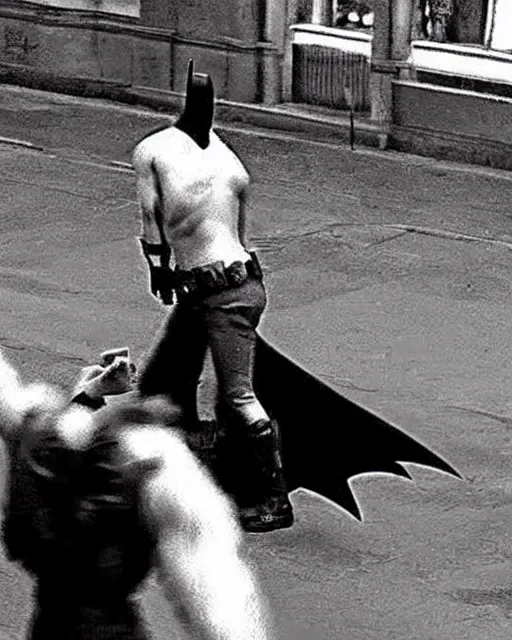 Image similar to Batman caught beating up a random guy in Gotham, security cam footage, realistic, real life, 720p, shot from far away, low quality footage, leaked footage, viral on instagram, viral on twitter, snapchat photo