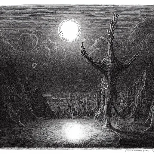 Prompt: a distant city, trees, night, full moon, clouds, chiaoscuro, illustration by Gustave Doré, a giant Cthulhu in the background