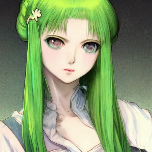 Prompt: adult girl with long light green hair, light green eyes, a small pigtail on the left side, chinese dress, chinese style, anime style, hyper detailed, light green dress, illustration, digital painting, art by artgerm and greg rutkowski and alphonse mucha, high delicate defined details, anime stylized, highly detailed, realistic, sharp focus