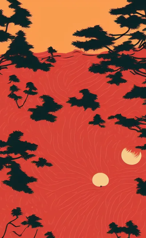 Prompt: hanafuda, a bunch of japanese pines to the left side, a big red sun in the background, front game card, vector line art, trending on behance, concept art, stunning, matte