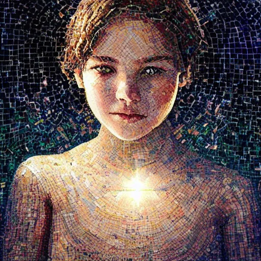 Image similar to mosaic portrait of a beautiful young girl in front of shining stars by greg rutkowski, 4k, intricate details, dichotomy