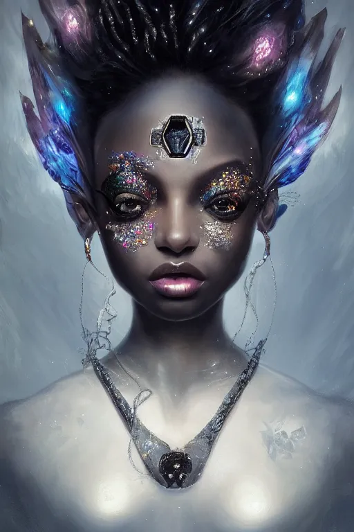 Prompt: beautiful black model face coveredd with diamonds wearing crystals, diamonds, angel, fantasy, dramatic lighting, highly detailed, digital painting, holding electricity, magic the gathering, hyper detailed, 3 d render, hyper realistic detailed portrait, peter mohrbacher, wlop, ruan jia