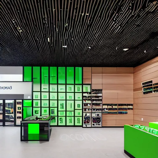 Prompt: interior photography of a Microsoft Samsung flagship store, black walls, geometrical textures, wood, features, eye-catching, polished concrete, spotlights, green wall, water feature, award winning interior design, patterns, retaildesignblog, dezeen, 14mm, 8k, cinestill, pentax, film