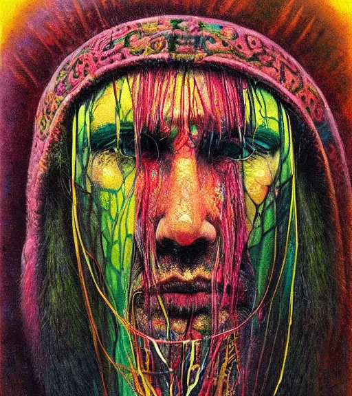 Image similar to Portrait painting in a style of Beksinski mixed with Alex Grey of an old shaman dressed in a colorful traditional clothes.