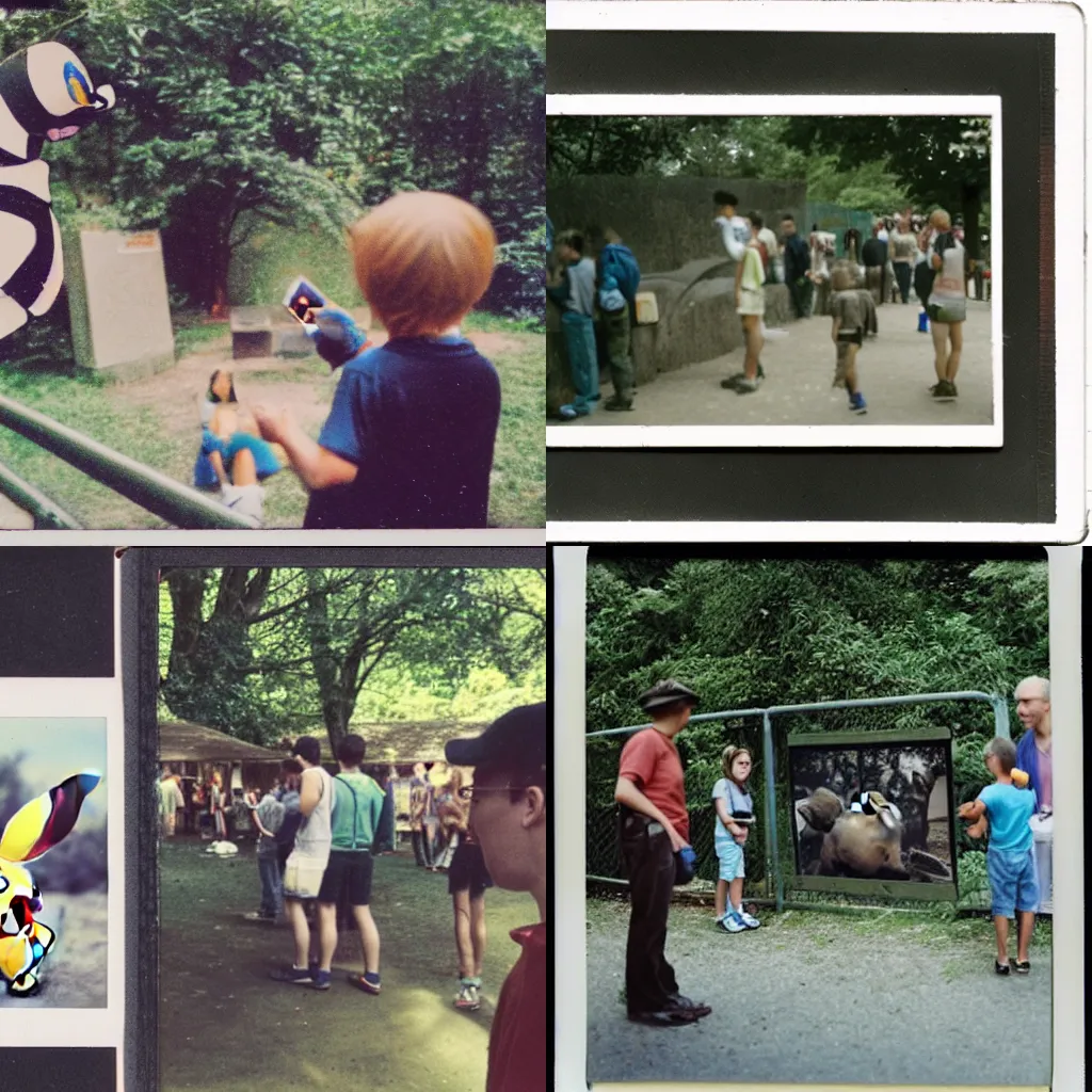 Image similar to A polaroid photo of a pokemon in a Zoo being watched by visitors