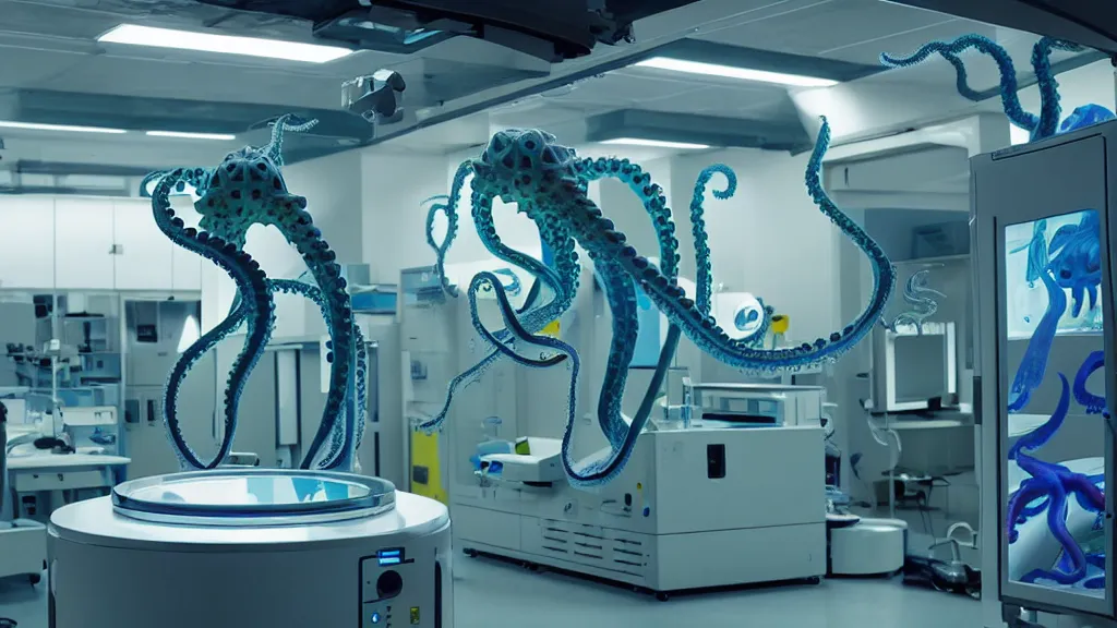 Image similar to a complex mri 3 d printer machine making colorful mutant octopus forms and control panels in the laboratory inspection room, film still from the movie directed by denis villeneuve with art direction by salvador dali, wide lens