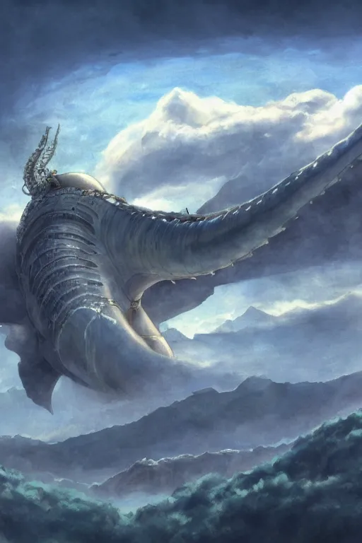 Image similar to giant leviathan flying over the mountains, clouds and sky, inspired by Nausicaa of the Valley of the Wind, Studio Ghibli, Hayao Miyazaki, 8k, 4k, UHD, HDR, photorealistic, 3D, digital painting, matte painting, environment design, by Victor Nava, Artstation, Steampunk, Hieronymus Bosch, Golden dappled dynamic lighting, Highly Detailed, Theophanic atmosphere, Cinematic Lighting, Unreal Engine, 8k, HD