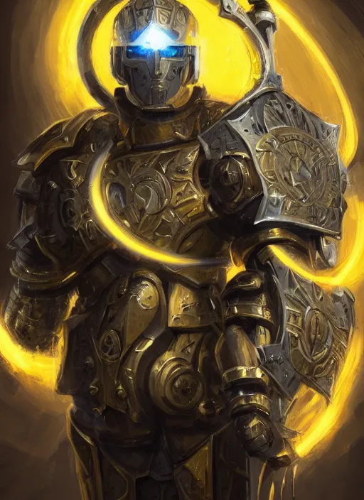 Image similar to dynamic attack position abstract portrait of a intricate glorious holy mechanical warforged character in yellow armor holding a paladin engraved great longsword drawn and carrying a big paladin shield, glowing!!!! eye, face in focus, epic , trending on ArtStation, masterpiece, cinematic lighting, by Ross Tran and by Greg Rutkowski