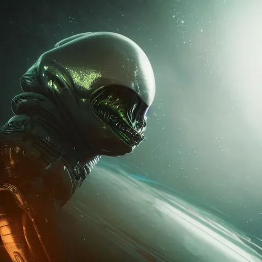 Image similar to a horrified man on a spaceship face to face with an alien from another galaxy, volumetric lighting, 8 k octane beautifully detailed render, post - processing, extremely hyper - detailed, intricate, epic composition, cinematic lighting, masterpiece, trending on artstation, detailed detailed detailed, masterpiece, beautiful cinematic light,