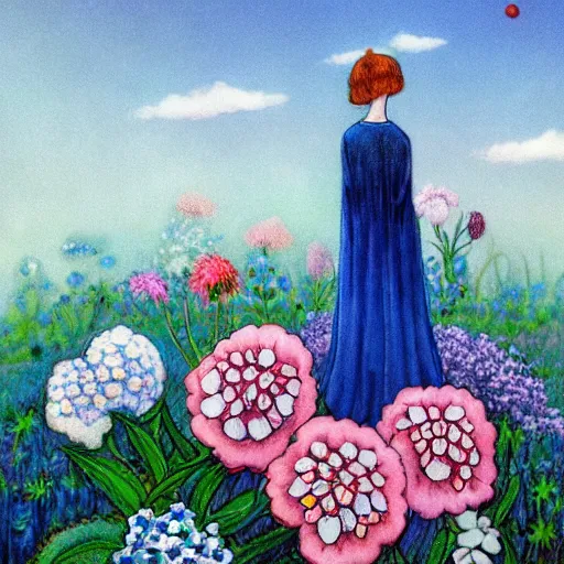 Image similar to a picture of a dreaming woman with flowers grow out of hair, roses peonies forget-me-nots dahlias lupins gladioli, sky theme in background by Elsa Beskow, Digital Art, Trending on artstation