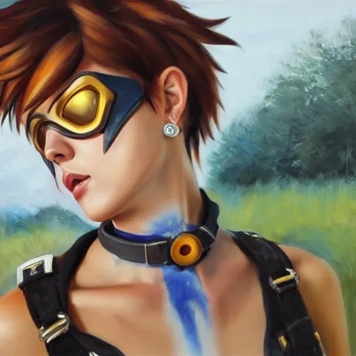 Prompt: oil painting of tracer overwatch in a field wearing thick spiked collar around neck, in style of mark arian, expressive face, wearing choker, large steel collar, steel choker, wearing collar on neck, detailed face, detailed eyes, full body, feminine face, tracer overwatch,