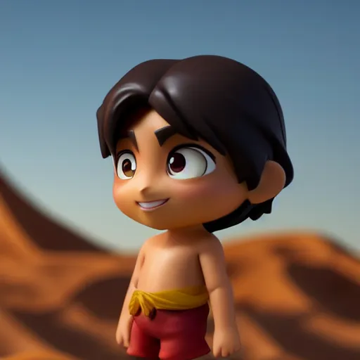 Prompt: profile view of young heroic aladdin as nendoroid walking in a desert in the croods movie style, anime, disney, pixar, 8 k, hd, dof, kodak film, volumetric lighting, subsurface scattering, photorealistic, octane render, details