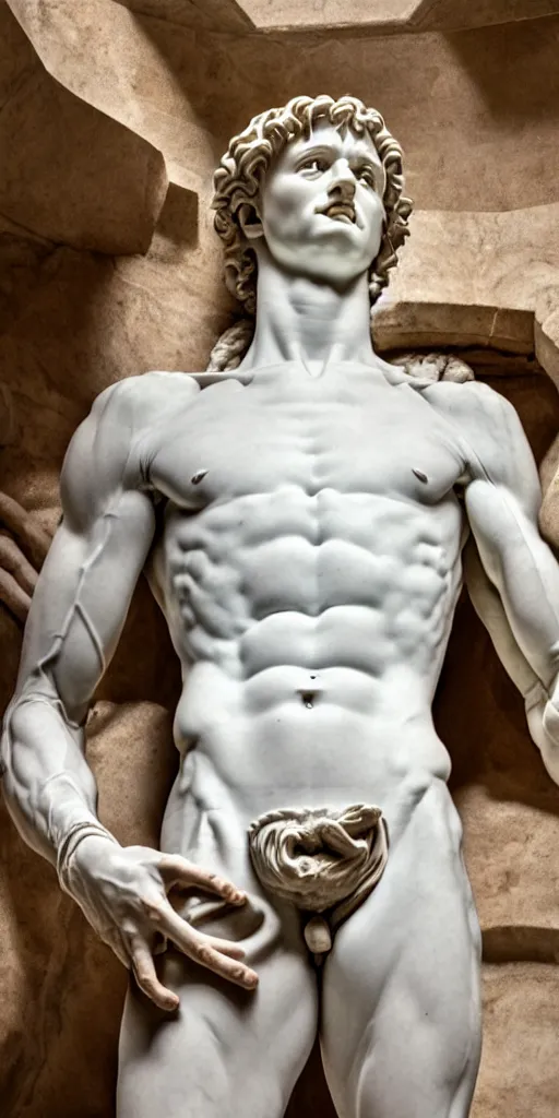 Prompt: twenty three year old michelangelo carving a block of white marble into the torso of the statue of david, photorealistic, hyperdetailed, studio lighting, octane render, caustics