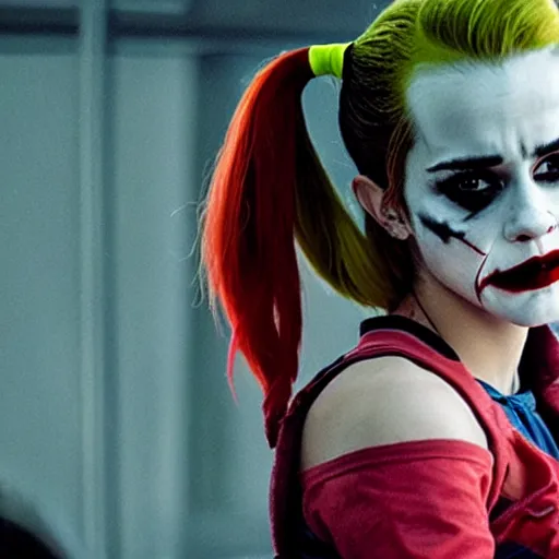 Image similar to film still of Emma Watson as Harley Quinn in the new Joker movie