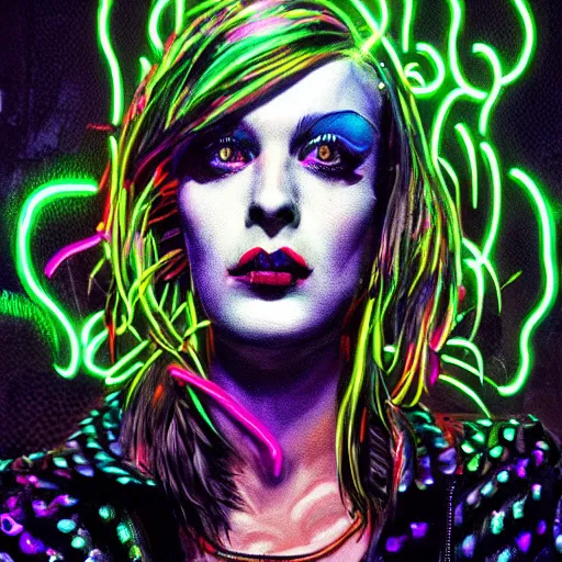 Image similar to splashes of neon, punk portrait made out of paint, trending on artstation, epic composition, emotional, beautiful, rendered in octane, highly detailed, realistic, tim burton comic book art