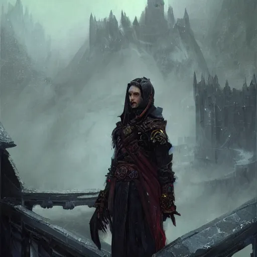 Image similar to portrait of a warlock, dungeons and dragons character, castle background, gorgeous view, realistic, high detail, digital art, painted by greg rutkowski, painted by jeremy mann, trending on artstation