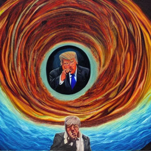 Prompt: trump drinking ayahuasca in a wormhole, painting by pablo amaringo