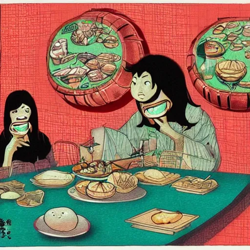 Image similar to extraterrestrial eating dumplings at fancy Japanese restaurant, Jim Henson creature shop, science fiction, highly detailed, illustration