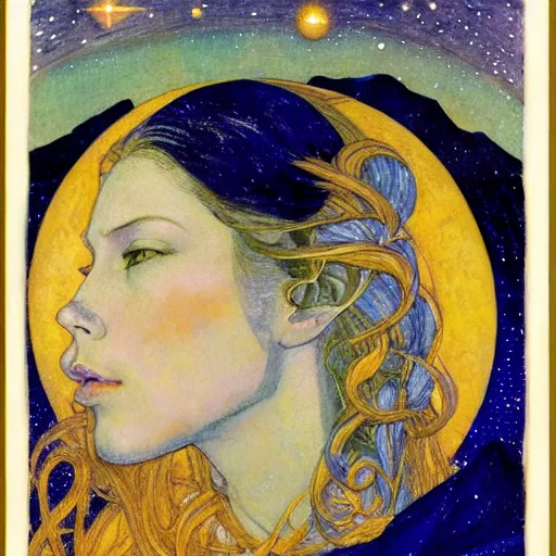 Image similar to queen of the moon with stars in her hair, by nicholas roerich and annie swynnerton and donato giancola and jean delville and dulac, dramatic lighting, god rays, geometric tattoos, rich colors, smooth sharp focus, extremely detailed, leo and diane dillon, adolf wolfli