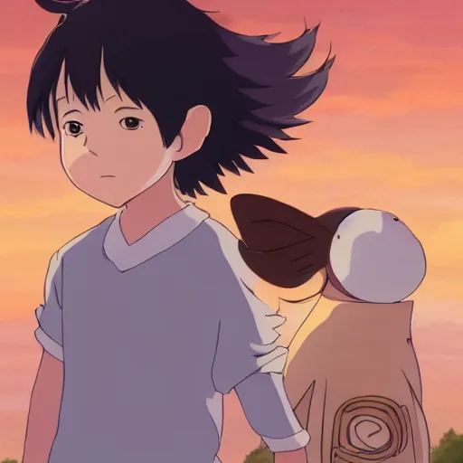 Image similar to friendly kid and small creature, character portrait face made in Studio Ghibli artstyle ,highly detailed art, beautiful scene, sharp focus, smooth, 8k, anime art, fantasy, style in ghibli anime, smooth, sharp focus