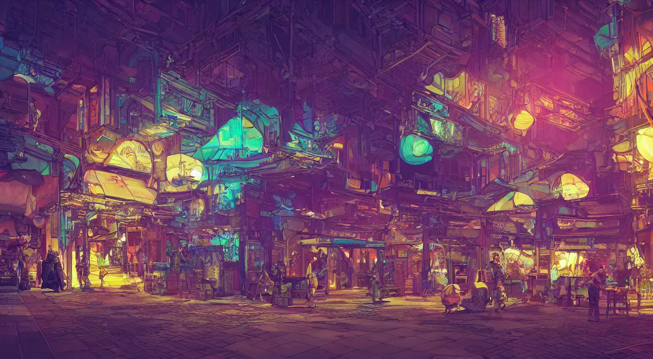 Image similar to bazaar zouk oriantal full color sky shine place mosquet painting stylized digital illustration video game icon global illumination ray tracing that looks like it is from borderlands and by feng zhu and loish and laurie greasley, victo ngai, andreas rocha, john harris