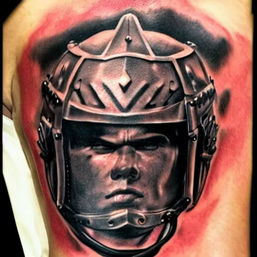 Prompt: close up of a gladiator's helmet, tattoo, tattoo art, Black and grey tattoo style