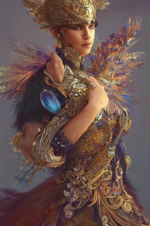Prompt: a anthropomorphic peacock warrior, D&D, fantasy, intricate, highly detailed, digital painting, artstation, concept art, smooth, sharp focus, illustration, art by artgerm and greg rutkowski and alphonse mucha