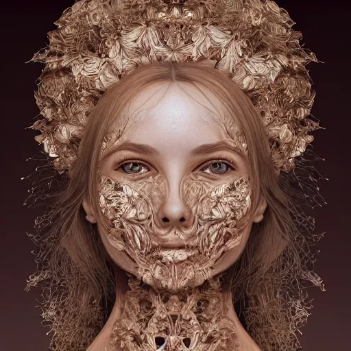 Prompt: beatifull frontal face portrait of a woman, 150 mm, anatomical, flesh, flowers, mandelbrot fractal, facial muscles, veins, arteries, intricate, golden ratio, full frame, microscopic, elegant, highly detailed, ornate, ornament, sculpture, elegant , luxury, beautifully lit, ray trace, octane render in the style of peter Gric , alex grey and Romero Ressendi