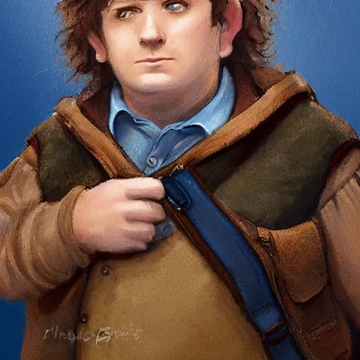 Image similar to close up headshot of a frowning clean shaven pudgy British lad with short curly dark brown hair as a hobbit wearing a white men's crossbody sling chest bag and blue vest, blue vest!! white crossbody chestbag!! high resolution film still, painting by Charlie Bowater