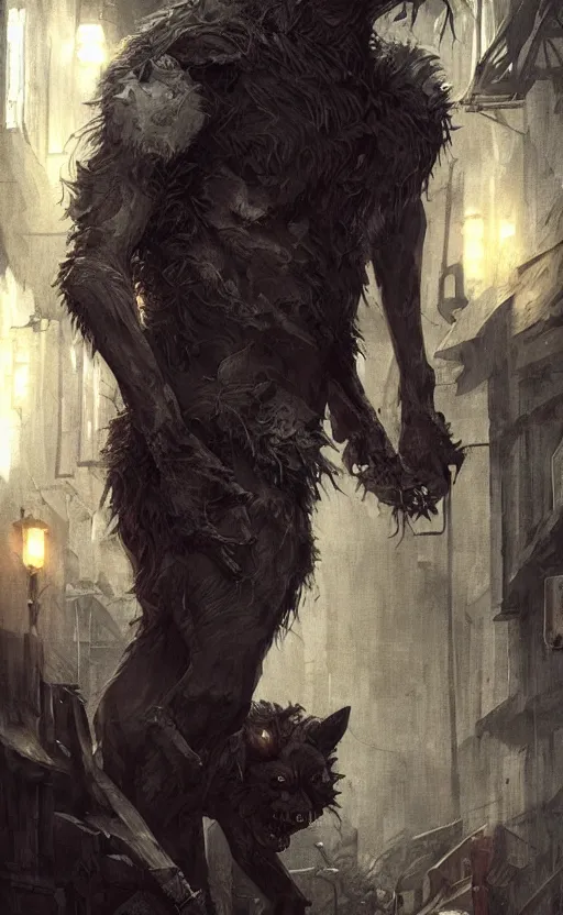 Image similar to hyperrealistic, Portrait of a werewolf in a dark alley, torn clothing, fantasy, urban, highly detailed, cinematic lighting, digital art painting by greg rutkowski