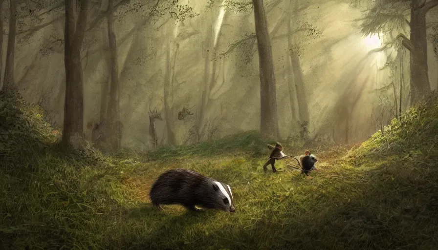 Prompt: A badger wearing a dark brown cloak and a walking stick entering a forest clearing, beside the badger, there is a small mouse they look at the light shining through the trees, hyperdetailed, artstation, art by Andrew Bosley, , 8k