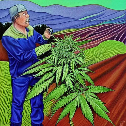 Image similar to alex gray painting of a man harvesting a cannabis plant