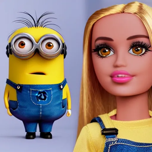 Image similar to a minion as a barbie doll, photorealistic, highly detailed,