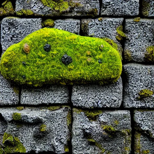 Image similar to rock wall covered with moss. dew droplets forming the shape of a dachshund. macro photography