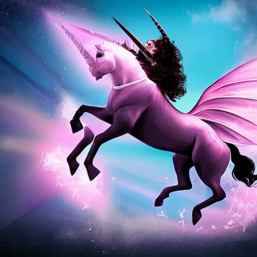 Prompt: A pink unicorn jumping through the air, mystical fantasy, Dungeons and Dragons, Wizards of the Coast