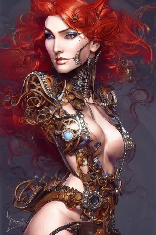 Image similar to front-side portrait sensual Lady Mechanika with ginger wavy hair, Intricate, steampunk imagery themed, D&D!, fantasy style, sharp focus!, ultra detailed, art by Artgerm and Peter Andrew Jones, WLUP