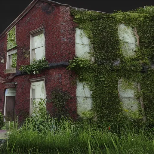 Prompt: outside a derelict victorian house, garden in front of house is overgrown and walls are crumbling down, moss and ivy cover the walls ray traced unreal 5, ultra details